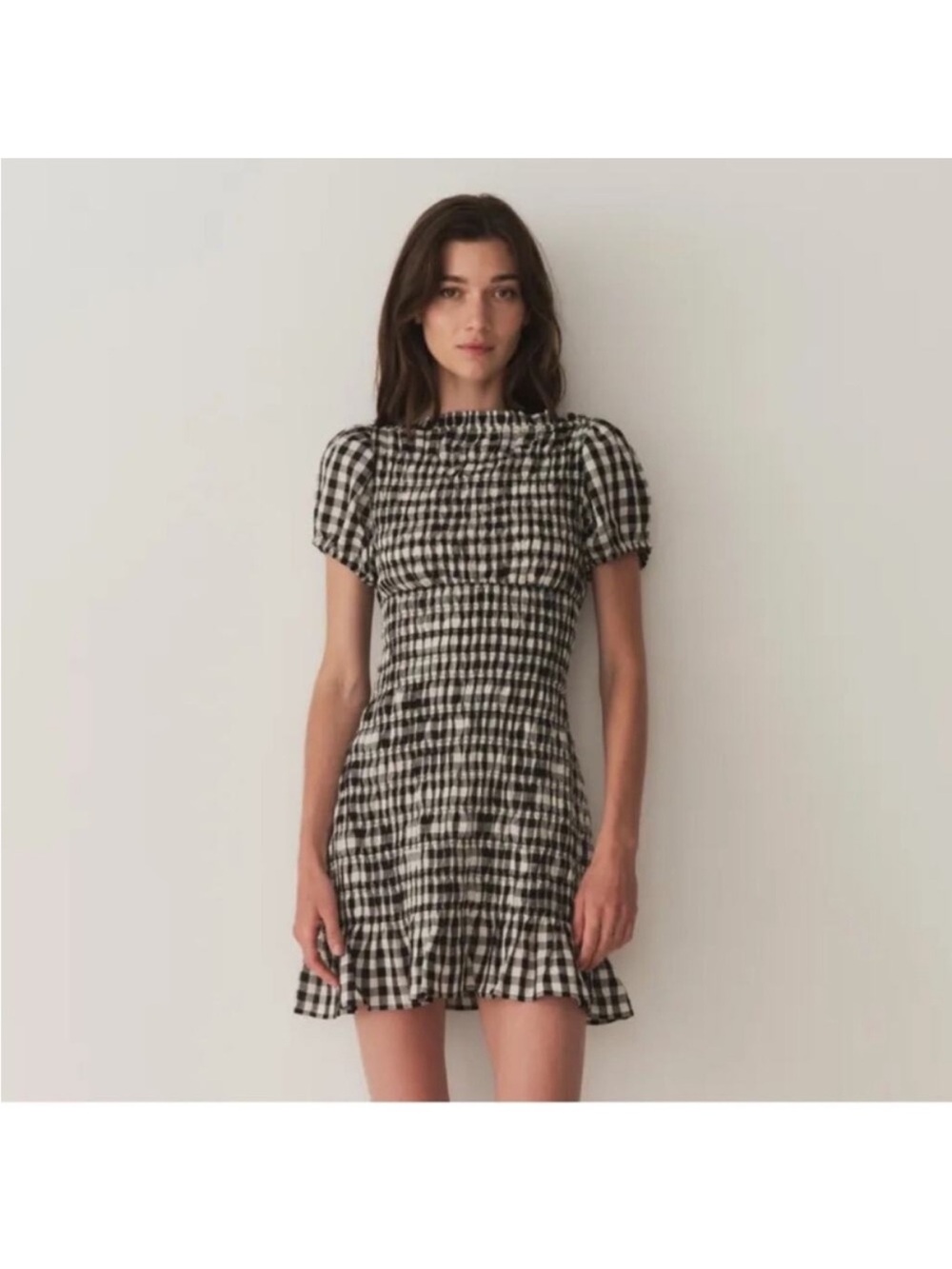 Doen Rizzo Linen Black & White Gingham Smocked Mini Dress
